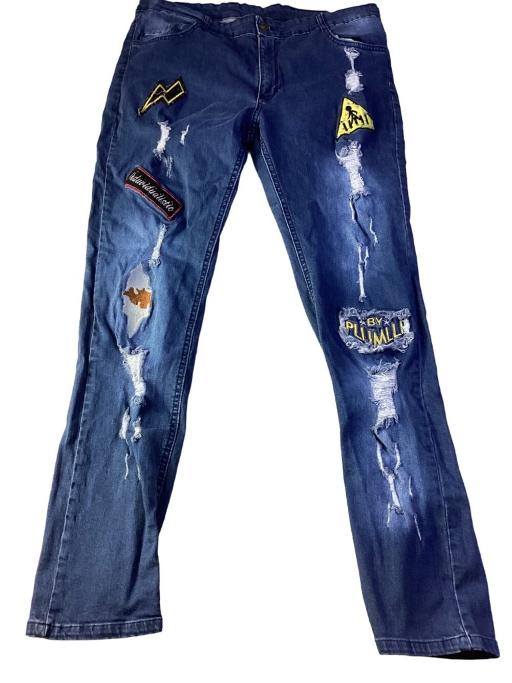 Men's Fashion Guys Patched Distressed Ripped Jeans *Size 34 * Blue   Denim